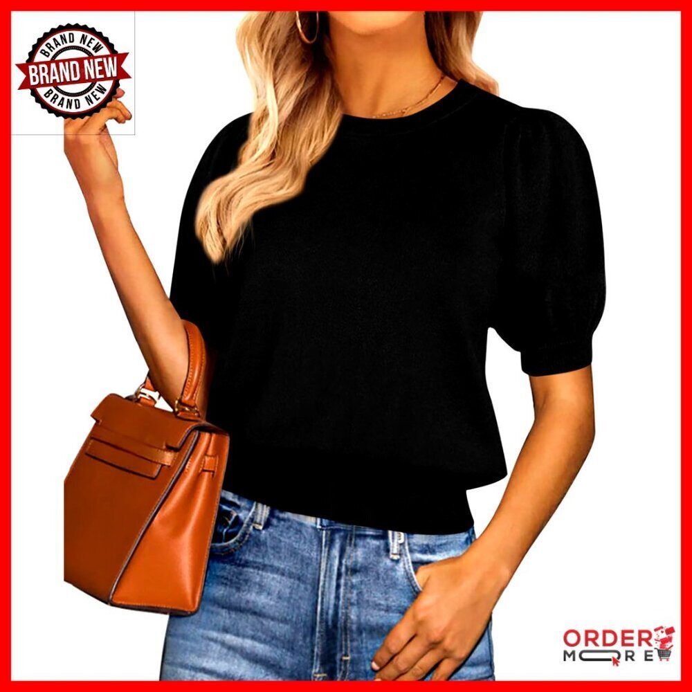 Puff Sleeve Crewneck Knit Sweater Blouse for Work Casual